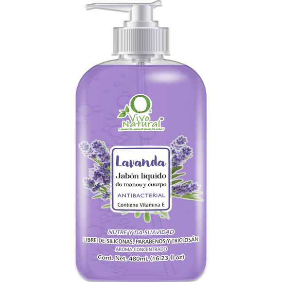 Jabón Líquido Antibacterial VivoNatural para Manos y Cuerpo 480 ml aroma LAVANDA con extracto de Aloe Vera