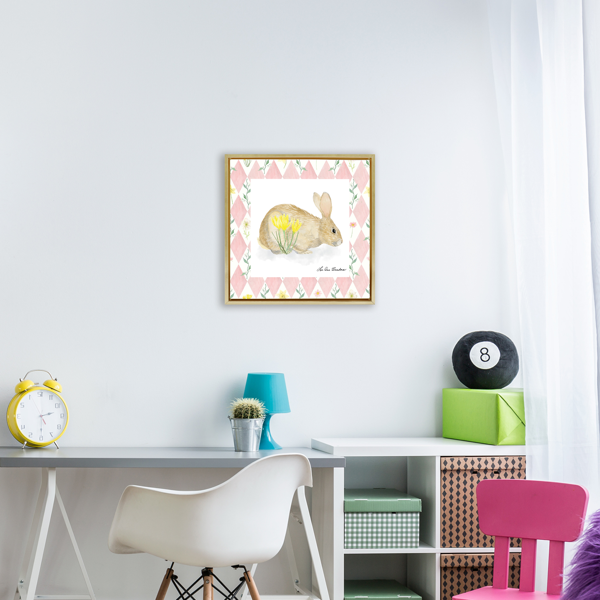 Buttercup Bunny on Pink Argyle Gold Framed Floater Canvas Wall Art, design by Lee Ann Sanders