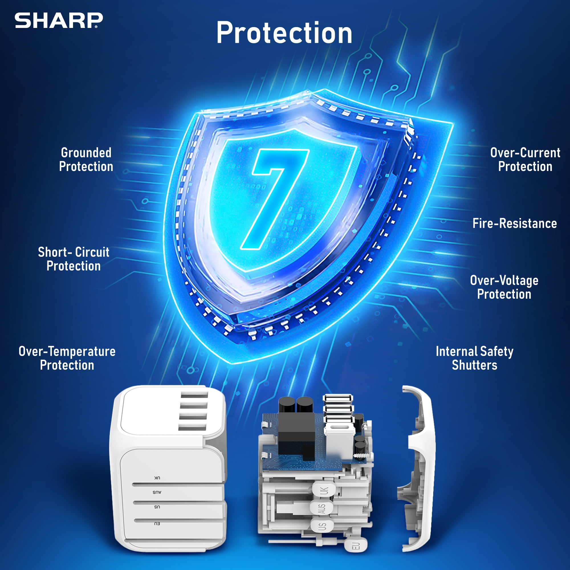 SHARP Universal Travel Adapter International Wall Charger Worldwide AC Plug Adaptor with 3 USB-A and 1 USB Type-C for USA EU UK AUS (White)