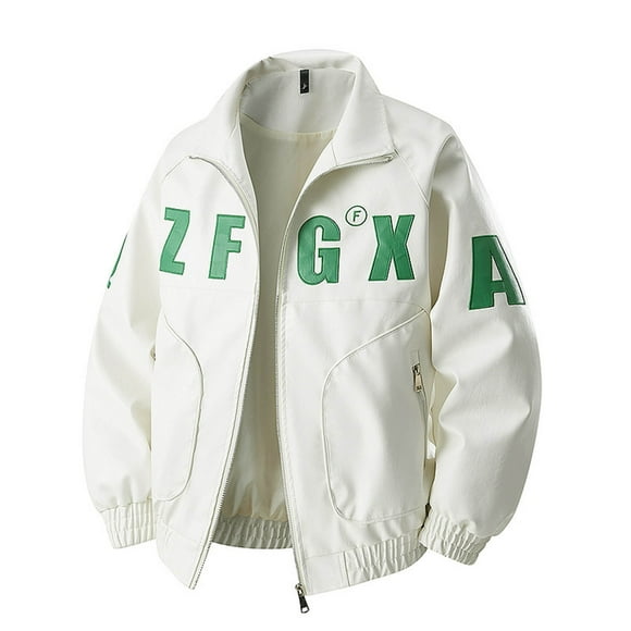 Pisexur Jackets for Men Comfortable Coats for Men Men Embroidered Color Blocked Motorcycle Suit Zipper Button Pocket Ieather Long Sleeve Stand-up Faux Leather Outwear Jacket White,M