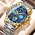 thumbnail image 2 of Reloj de Cuarzo para Hombre con Cielo Estrellado, Cronógrafo Luminoso Impermeable de 30 M, Correa de Acero Bicolor, 2 of 7