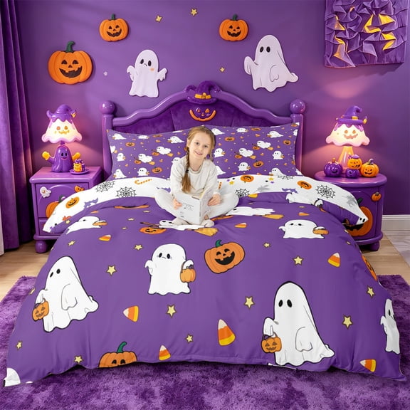 Homewish Cartoon Halloween Ghost Pumpkin Bedding,Candy Corn Print Duvet Cover Full,Purple Orange White,Halloween Reversible,3pcs,1 Duvet Cover and 2 Pillowcases