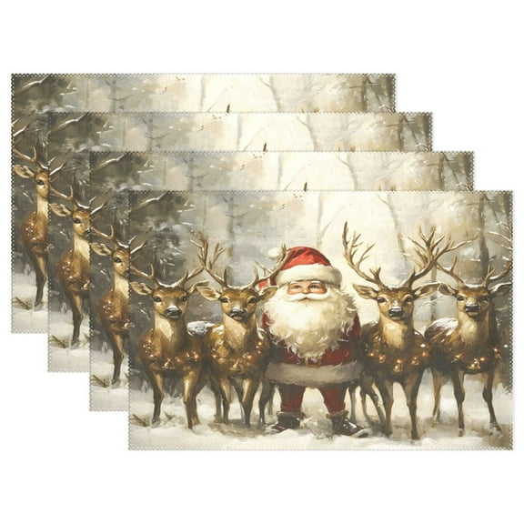 Ryvnso Placemats Set of 4 Christmas Santa Claus Deers in Forest Dining Mats Heat-Resistant Non-Slip Washable Table Mat