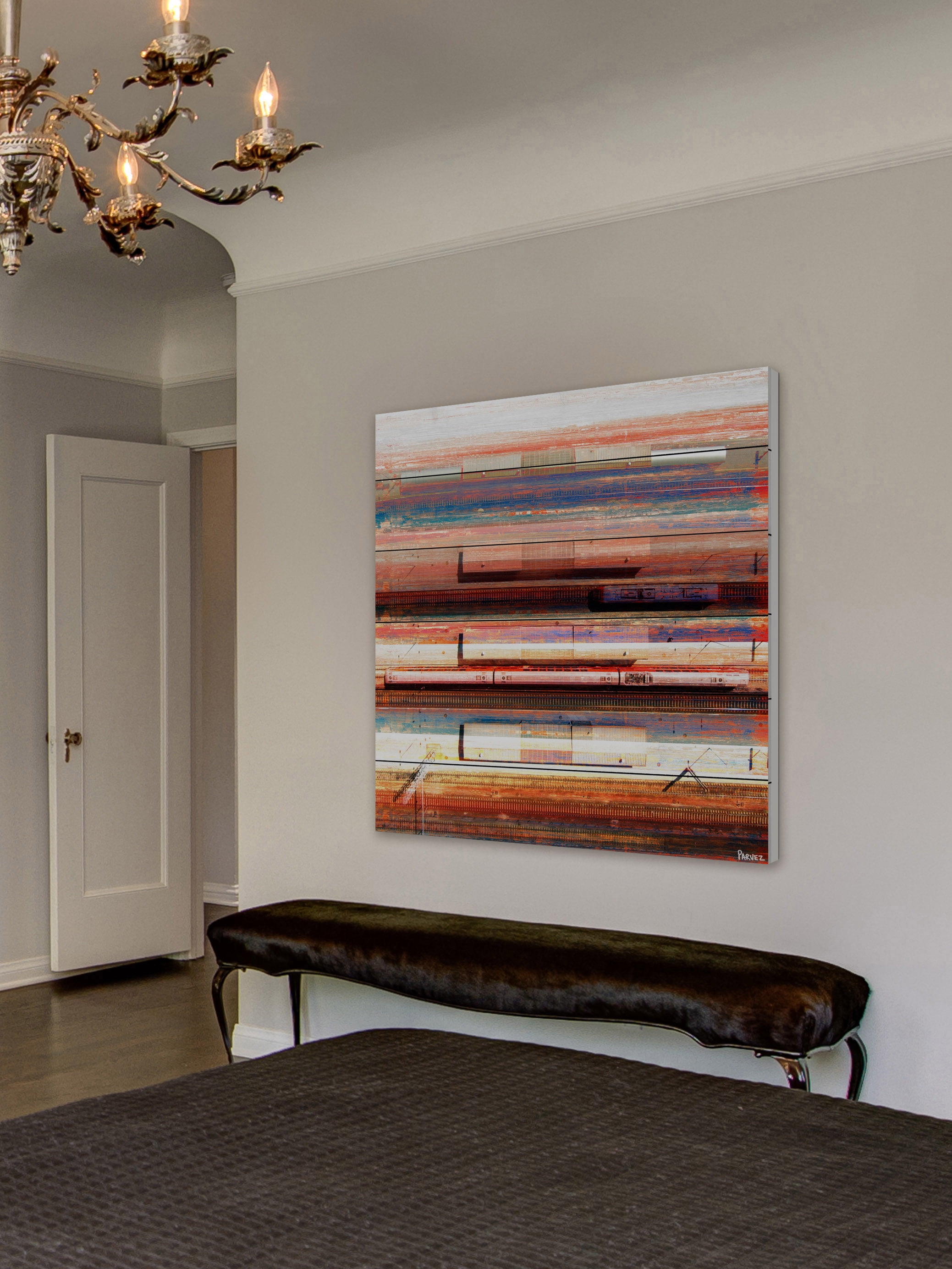 "Trains on Tracks" Painting Print on White Wood