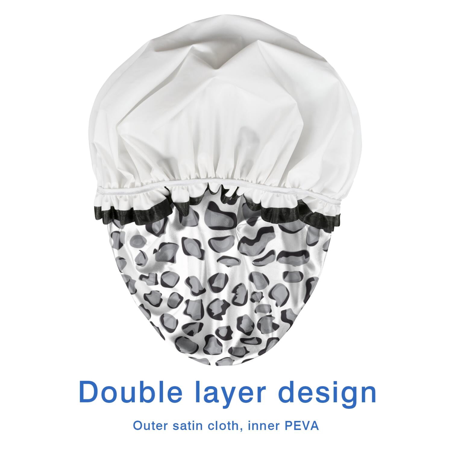 Shower Caps,White and Gray Of Leopard Print Waterproof Shower Cap for Women 4 Pieces,Double Reusable Hair Cover for Shower PEVA Elastic Stretch Hem