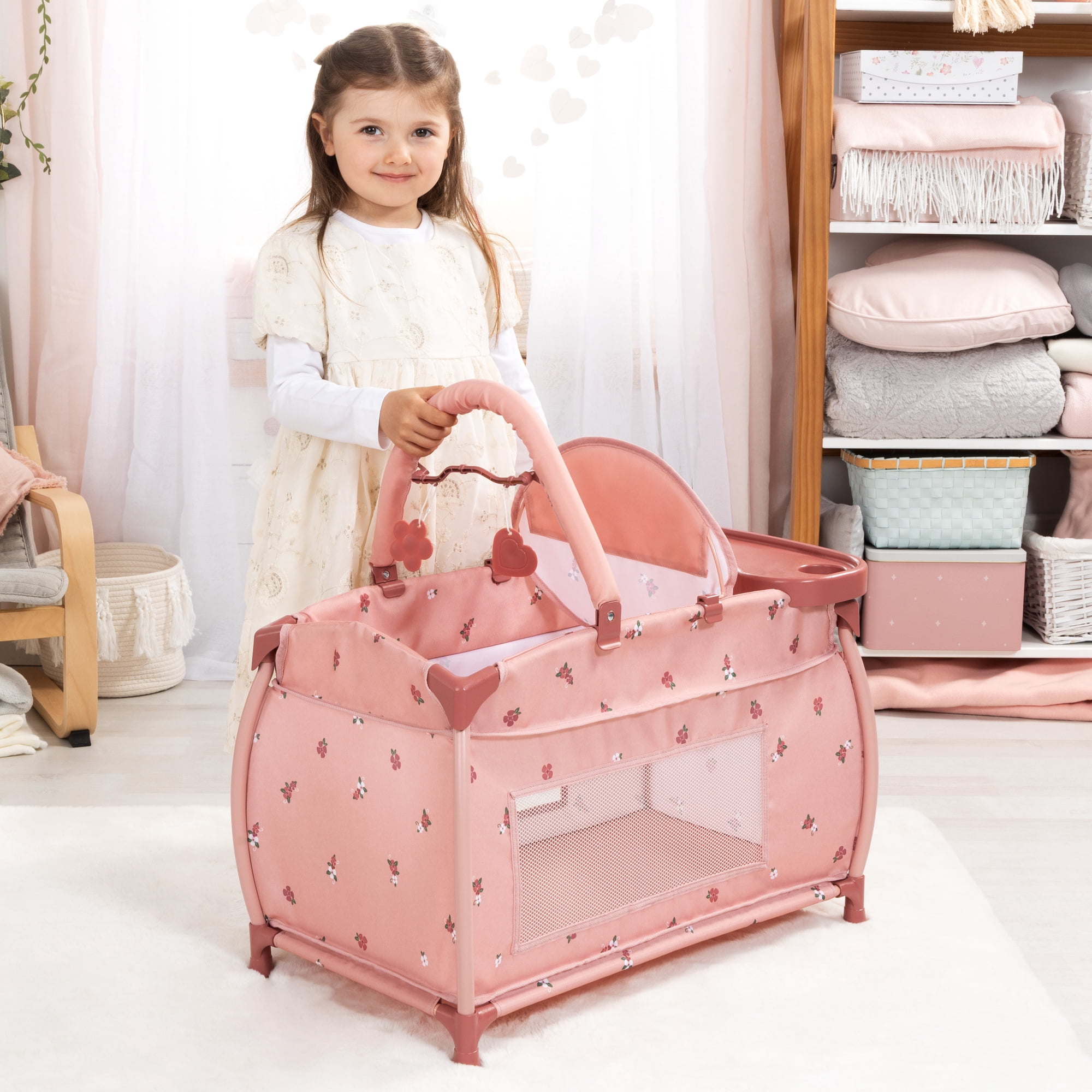 Bayer Design: Doll Multi-Bed - Pink & Flowers - Sleep Playpen, Built-In Feeding Highchair, Pillow-Blanket-Mobile, Care Center Fits 18" Dolls, Kids 3+