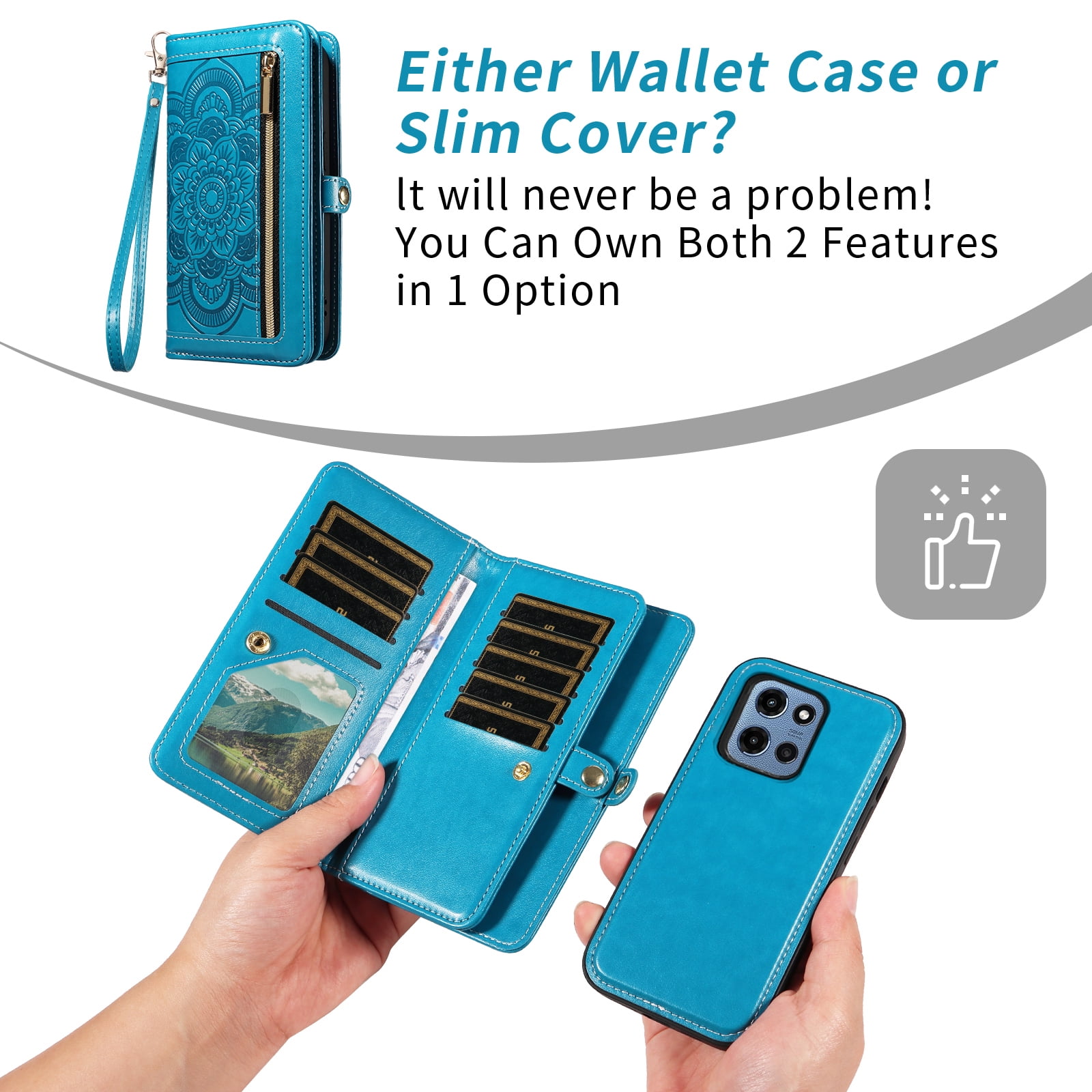 Asuwish Phone Case for Motorola Moto G 5G 2025 Zipper Wallet Detachable Cell Cover with Tempered Glass Screen Protector Crossbody Lanyard Strap Flower Flip Card Holder G5G 5 G G5 Women Men Girls Blue