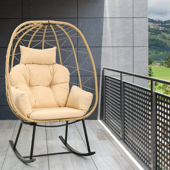 Dextrus Beige Outdoor Wicker Rocking Egg Chair with Cushion for Indoor & Outdoor
