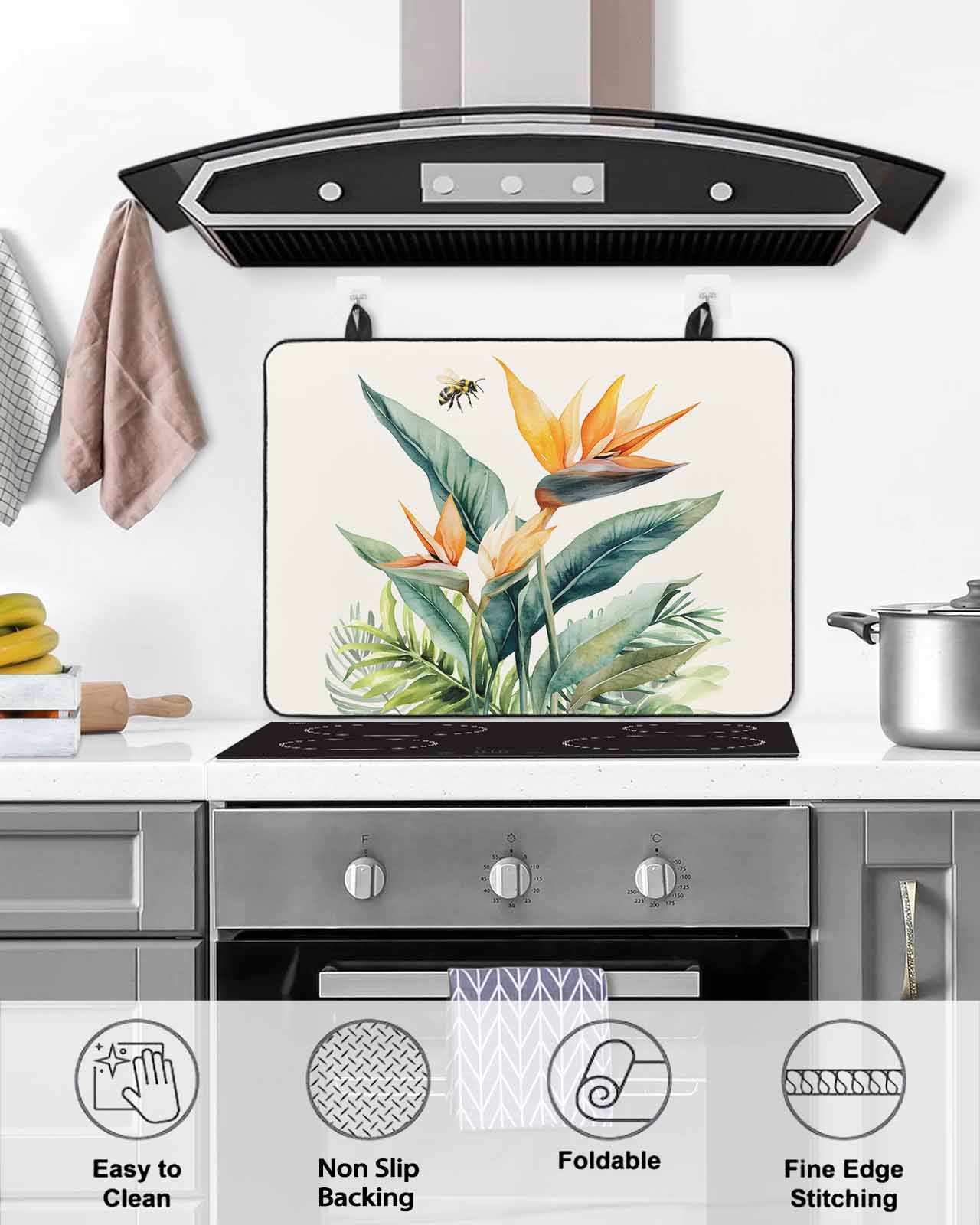 nqOlkjepod Large Induction Cooktop Protector Mat 36"x21", Green Palm Leaf Stove Top Covers for Electric Stove, Summer Bee Tropical Plant Pastoral Stove Burner Cover Mats, Glass Top Stove Cover
