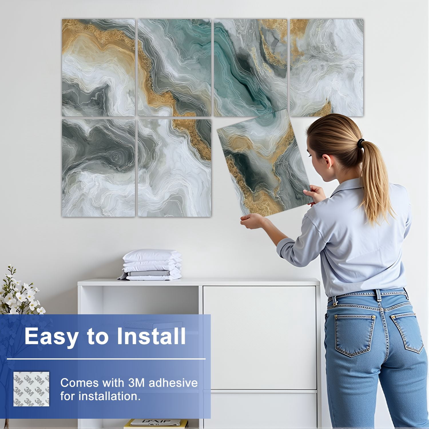 Marble 8 Pack Art Acoustic Panels Sound Absorbing white marble golden veins Abstract Decorative Soundproof Wall Panels Self Adhesive for Nursery Game Room Bedroom 48"x32"