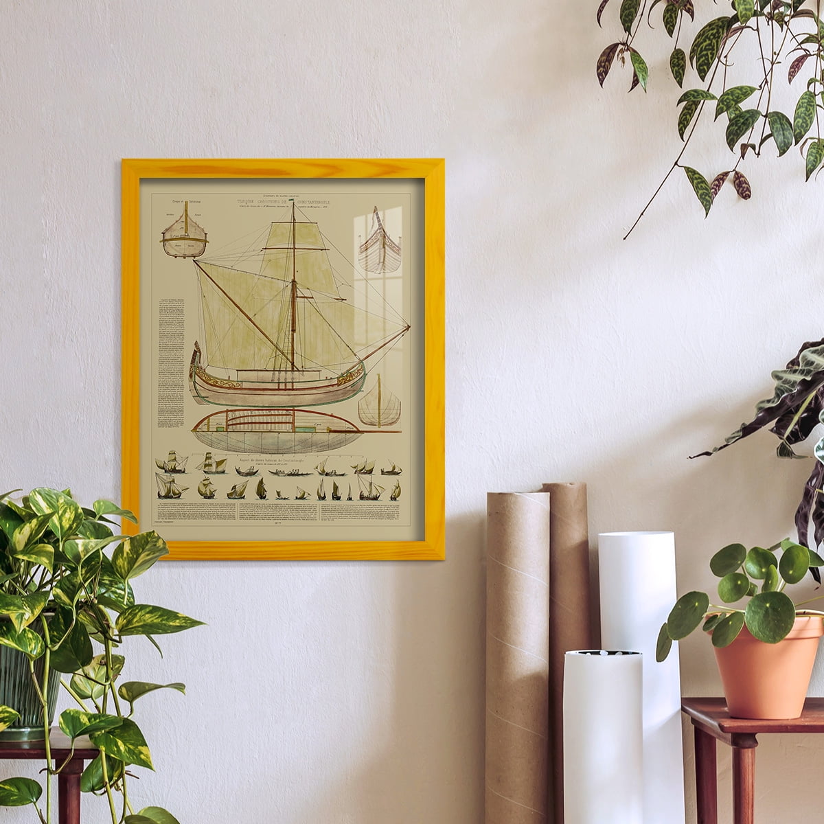 Antique Ship Plan I -Framed Print w/glass-Sunflower Yellow