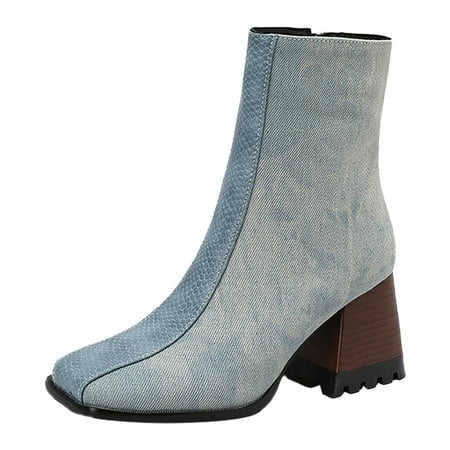 OJSFQUFP Ankle Boots for Women Ladies Fabric Square Toe High Heel Colour Blocking Medium Large Size Boots Ankle Boots Short Boots Waterproof Womens Shoes Blue 37
