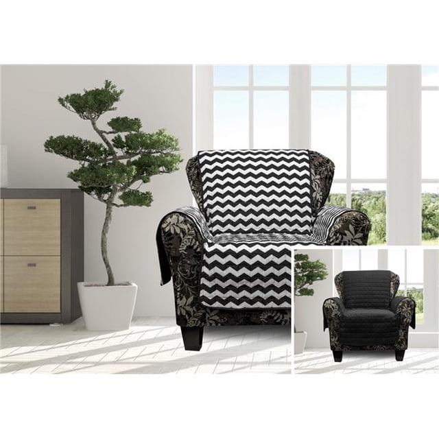 Quick Fit FICB16 /13899 Couverture de Canapé Réversible Housse de Canapé - Meubles Résistant à l'Eau Housse Grande pour les Enfants Chiens Animaux de Compagnie - Chevron Rayure - Chaise - Noir