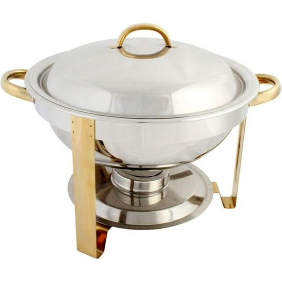 TrueCraftware- 4 Qt. Half Size Stainless Steel Round Gold Accent Chafing Dish Complete Set- Food Warmer Chafers and Buffet Warmer Sets for Catering Event Party Holiday Buffet Weddings Catering