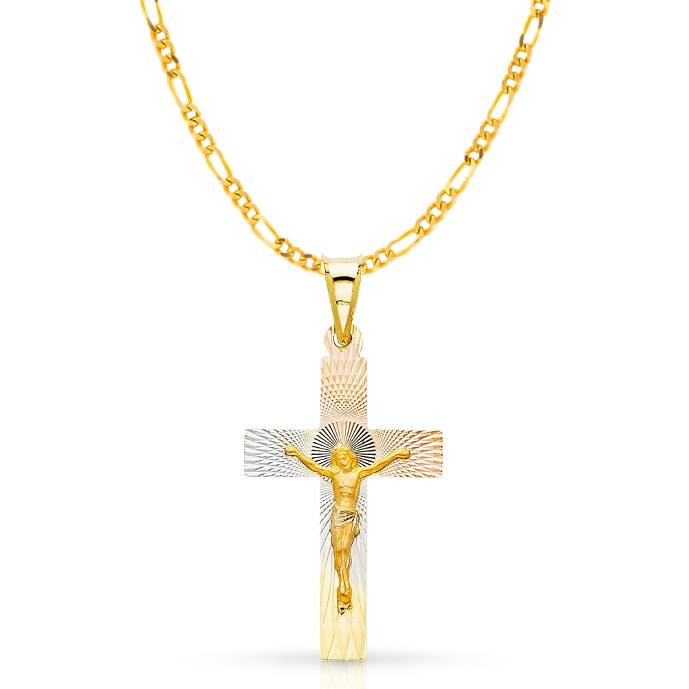 14K Yellow Gold Cross Pendant with 2.3mm Figaro 3+1 Chain Chain Necklace
