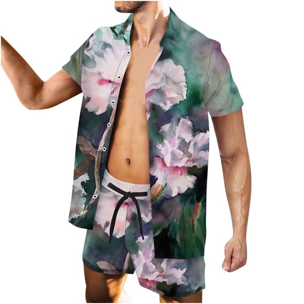 Conjunto casual de blusa y pantalones de playa de manga corta con estampado de botones para hombre Pompotops oipoqjl36068