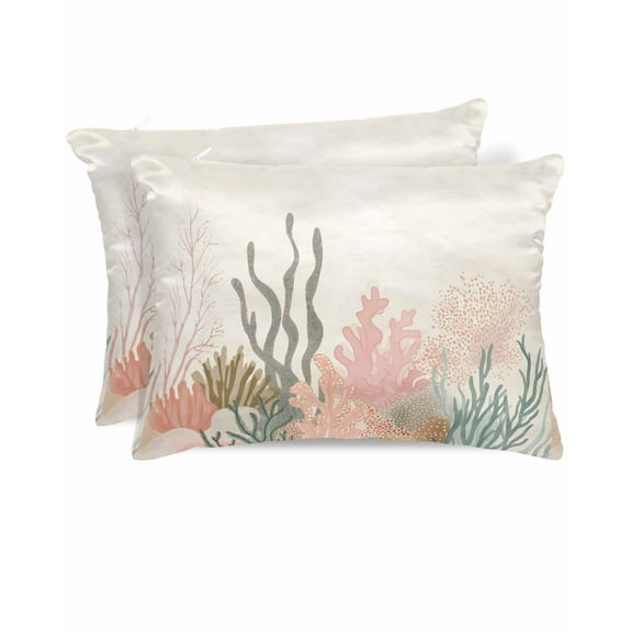 Hokiten King Size Pillow Cases Set of 2, Pillow Covers for Bed, Coastal Coral Satin Pillowcases with Zipper for Hair/Skin, Retro Watercolor Farmhouse Ocean Seaweed 20x36 Inches