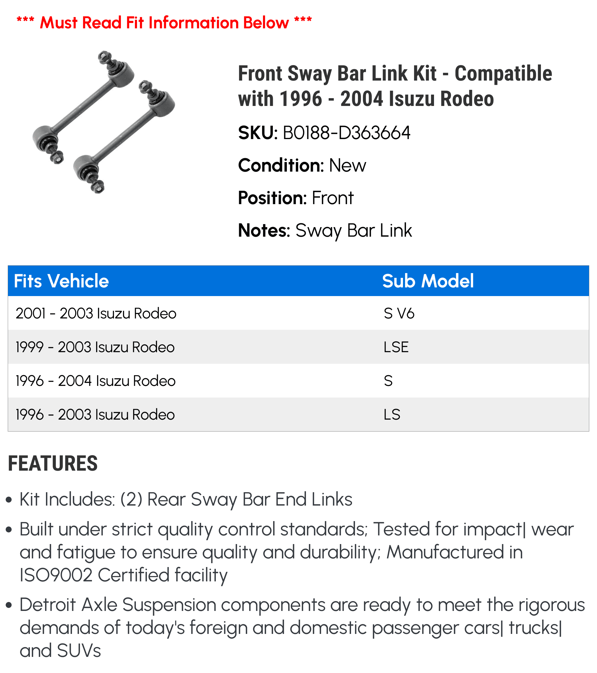 Front Sway Bar Link Kit - Compatible with 1996 - 2004 Isuzu Rodeo 1997 1998 1999 2000 2001 2002 2003