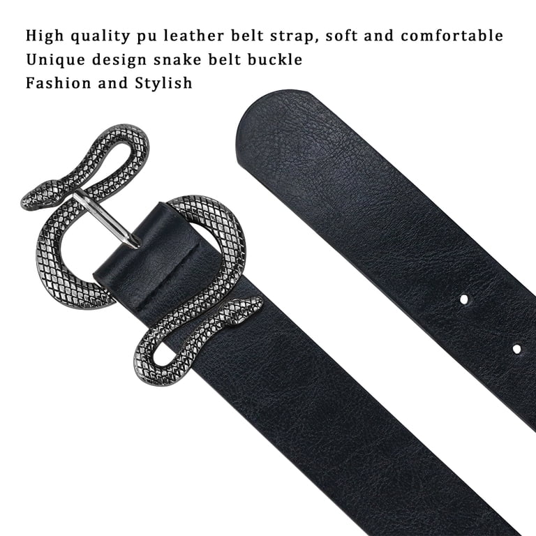 Belts for Women,Women Fashion Leather Belt for Dress with Snake Belt Buckle taffeta alley Black Leather Belts for Women,Womens Black  main image 2