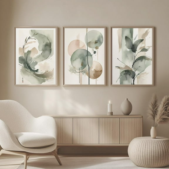 3 Panels Abstract Botanical Canvas Wall Art Watercolor Leaves & Nature Forms Poster Beige Sage Green Print Artwork Painting Picture for Home Bedroom Decoration with Inner Frame