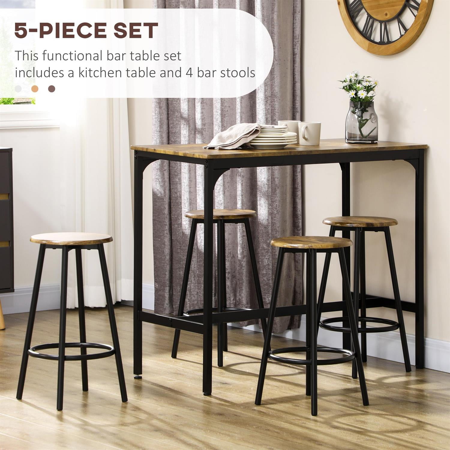 Demi Bonn 5-Piece Counter Height Bar Sets, Rustic Style Kitchen & Bar Table with Stools for Home Entertainment, Brown