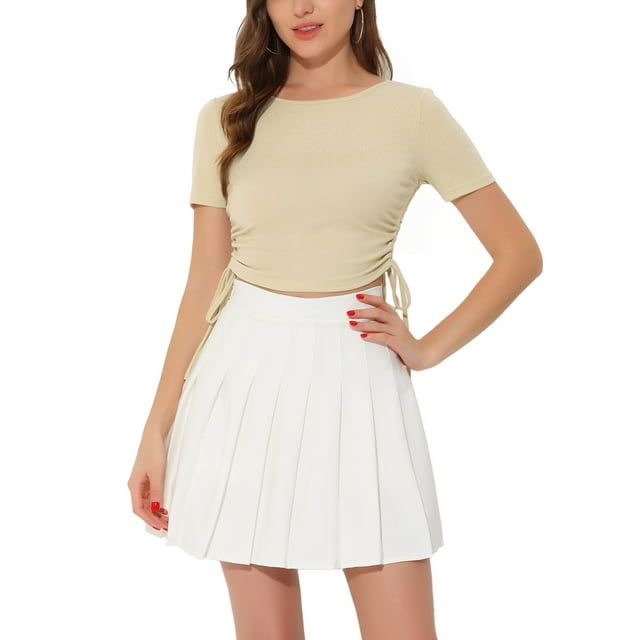 INSPIRE CHIC Women's Shimmer Glitter Drawstring Side Slim Fit Stretchy Shiny Crop Tops S Beige