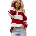 thumbnail image 2 of Women Striped Color Block Polo Sweatshirt Lapel Collared Long Sleeve Oversized Shirt Trendy Spring Clothes (Wine S), 2 of 5