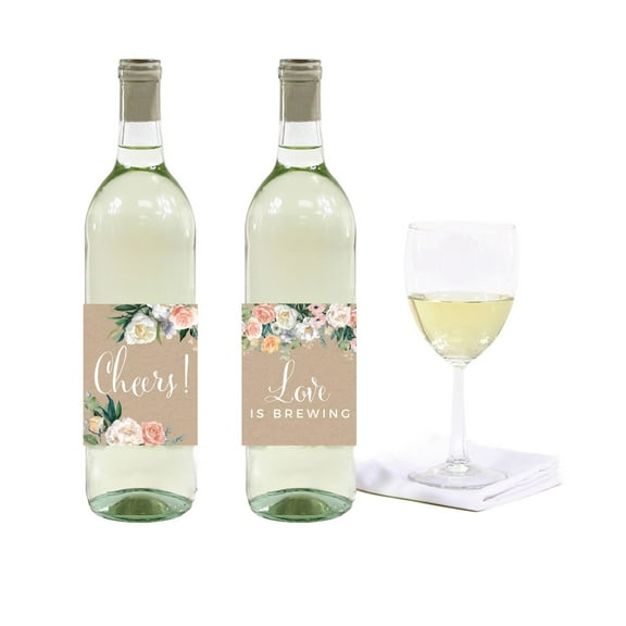Peach Coral Kraft Brown Rustic Floral Garden Party Wedding, Wine Bottle Labels, 20-Pack