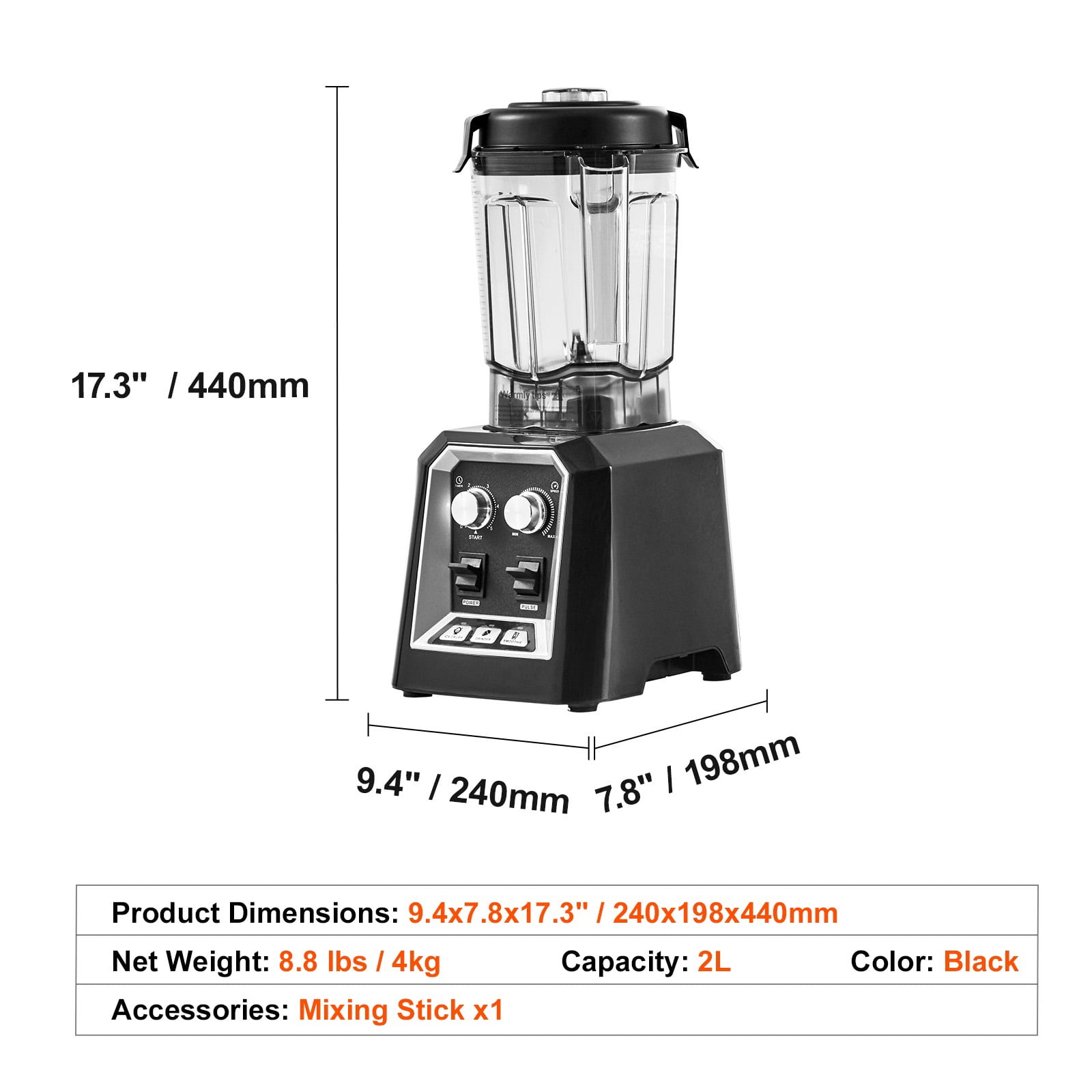 KFFKFF Professional Countertop Blender, 68 oz Plastic Jar with Stainless Steel Design, 3 Functions for Frozen Drinks, Shakes, Smoothies, Purees, and Ice Crushing, Black