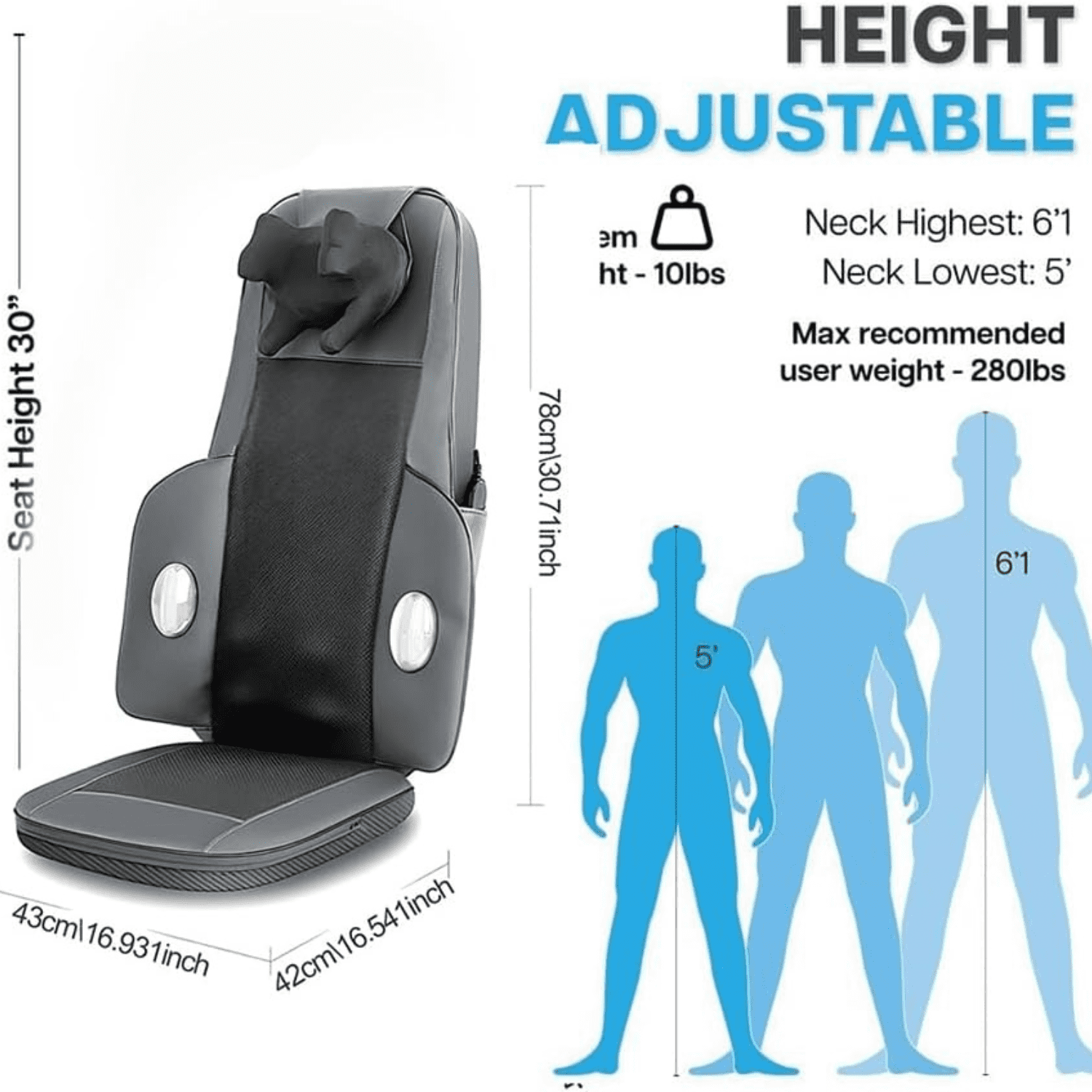 Shiatsu Deep-Kneading Chair Pad Seat Massager w Adjustable Neck & Back/ Heat for Home Office, Gray