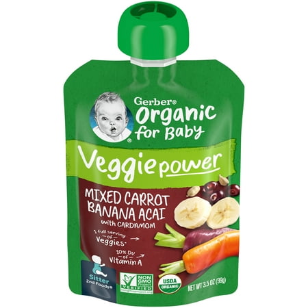 Gerber 2nd Foods Organic for Baby Veggie Power Baby Food, Mixed Carrot Banana Acai, 3.5 oz Pouch (12 Pack)