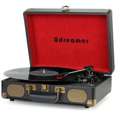 Udreamer Vinyl Record Player with 3-speed Audio Turntable & Built-in Speakers Portable Suitcase | Black/Red