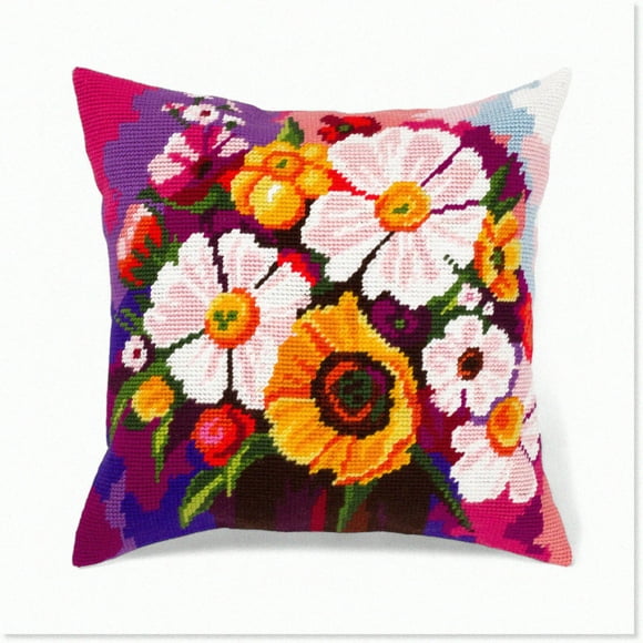Wildflower Dreams Embroidery Pillow Kit - 16x16 Inches. Premium European Quality Tapestry Canvas.