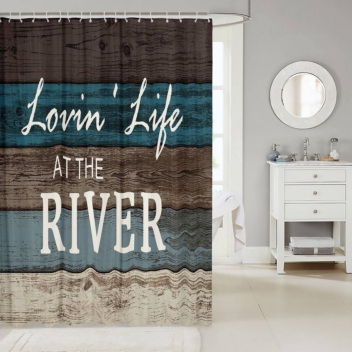 River Shower Curtain Rustic Farmhouse Bathroom Shower Curtain Set for Kids Adult Lake Life Bath Curtain Wood Panels Waterproof Curtains Room Decor 72 x 72 Inch