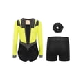 thumbnail image 2 of Miutii Gymnastics Leotards for Girls with Shorts Hair Scrunchies Sparkly Long Sleeve Ballet Dance Unitard Skating Jumpsuit Fluorescent Yellow Black 16, 2 of 3