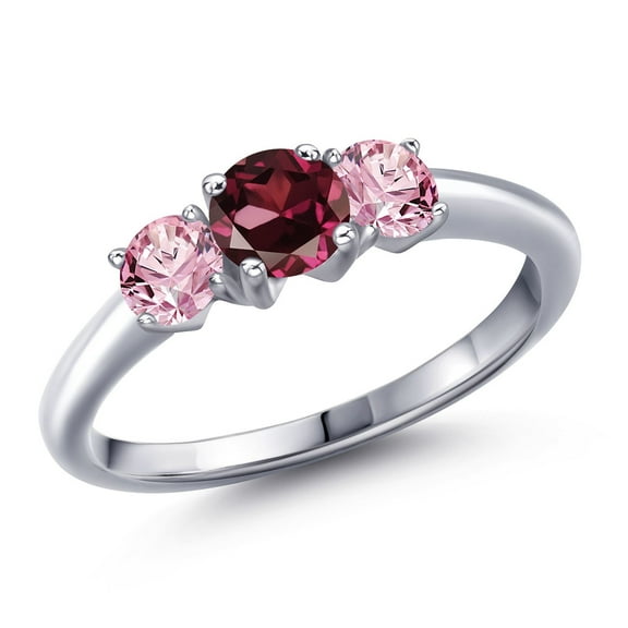 Gem Stone King 925 Sterling Silver Red Rhodolite Garnet and Pink Lab Grown Diamond Engagement Ring for Women | 1.10 Cttw | Round 5MM | Gemstone January Birthstone | Size 5