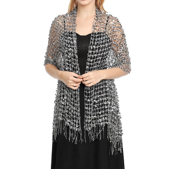 Sequined Fringe Wrap Evening Shawl Banquet Party Bridal Stole ScarfGreyOne Size