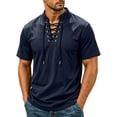 thumbnail image 4 of Josdec Men's Lace-Up V-Neck Short Sleeve T-Shirt Casual Stand Collar Fashion Tops for Summer Outing Daily Wear, Sizes S-XXL, 4 of 9