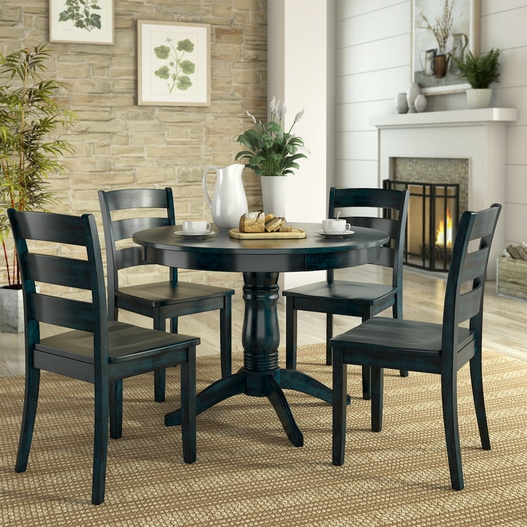 Lexington 5 Piece Wood Dining Round Table and 4 Ladder Back Chairs Dark Denim Walmart