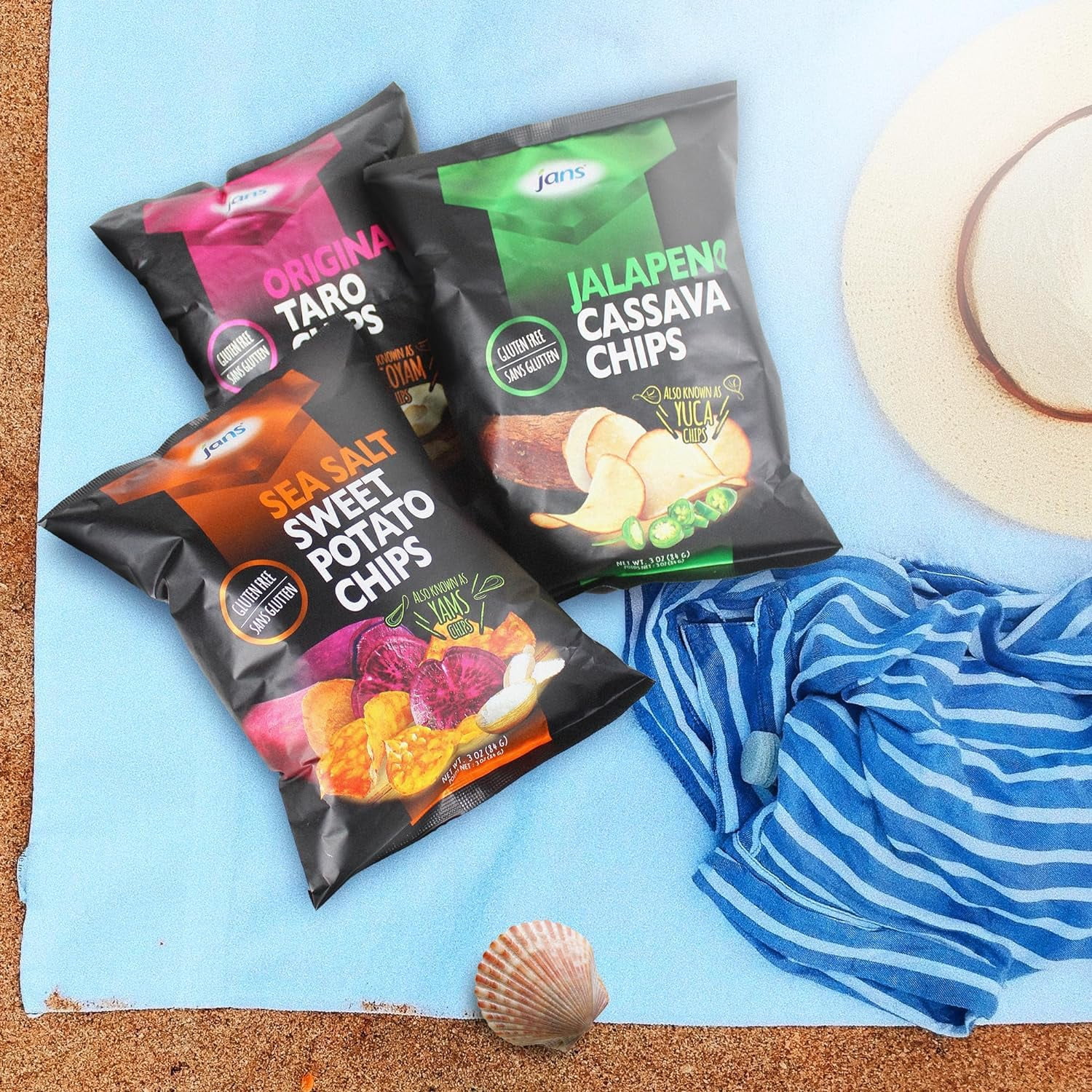Jans Sea Salt Cassava Chips, Gluten Free, Non-GMO, Savory Sea Salt Cassava Yam Snack, Vegan Snack Alternative, Thin Sliced Root Chips, 3 Oz Per Bag (Pack of 12)
