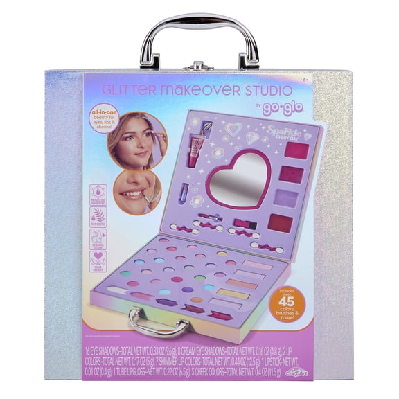Glitter Makeover Studio by Go Glo, All-in-One Kids Makeup Case, 45  Colors, Ages 6 & Up