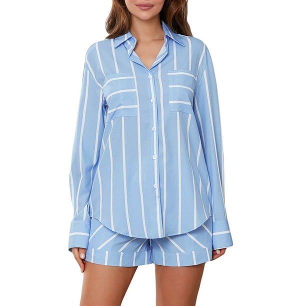 Gupgi Blue Striped Pajamas for Women 2 Piece Loungewear Casual Long Sleeve Button Down Loose Shirt Shorts