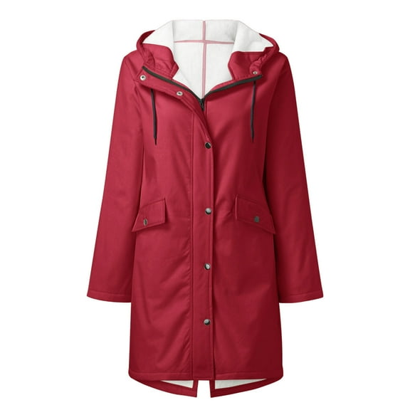 Fanxing Fleece Lined Rain Jackets for Women Waterproof Hooded Raincoats Long Sleeve Solid Color Winter Warm Coats Outwear