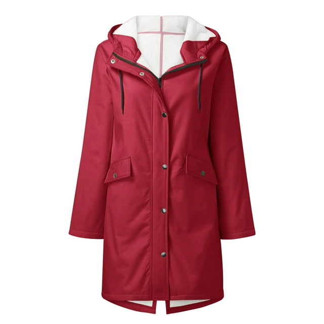 LSLJS Women Solid Rain Jacket Outdoor Fleece Keep Warm Plus Hooded Raincoat Windproof Jackets Solid Outwear( Red, M)