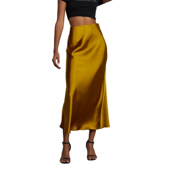 Women’s Gold Satin Midi Skirt High Waist Silky Slip Skirt Flowy A Line Elegant Long Skirt