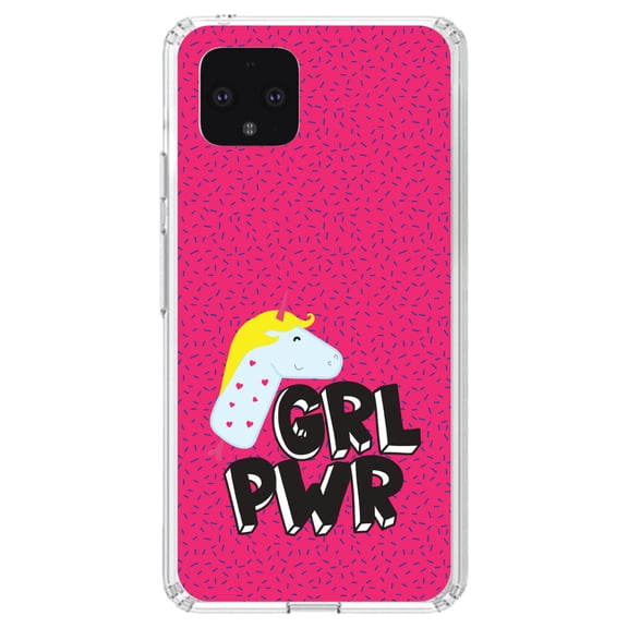 DistinctInk Clear Shockproof Hybrid Case for Google Pixel 4 (5.7" Screen) - TPU Bumper, Acrylic Back, Tempered Glass Screen Protector - Girl Power - GRL PWR - Unicorn Pink Background