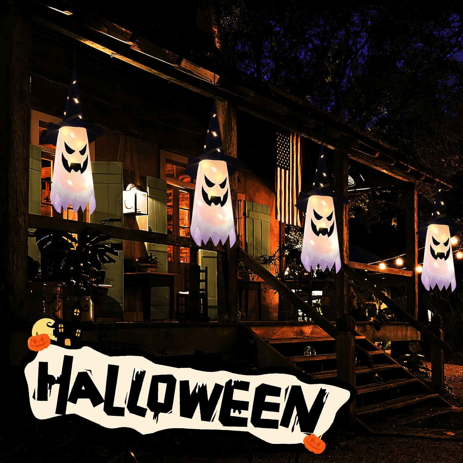 4 Pack Hanging Glowing Ghost Witch Hat String Lights with 3 Flash Modes