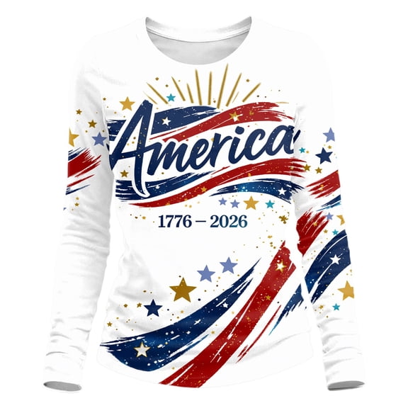 4th of July T-Shirts for Women's Independence Day Patriotic Graphic Casual Long Sleeve T Shirt Daily Wear Soft Breathable Fabric Loose Fit Top For Holiday Season Outdoor Activities White 2XL