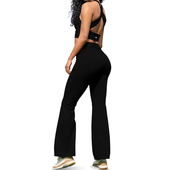Two piece workout sets for women, 2 Piece Matching Flared Leggings & sports bra set for Women's Gym Set, Running Yoga Outfits, Black, Medium
