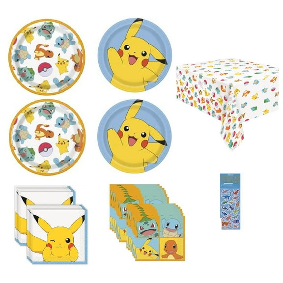 Pokemon Birthday Party Supplies Bundle includes 16 Small Cake Plates, 16 Large Lunch Plates, 32 Napkins, 1 Tablecover, 1 Dinosaur Sticker Sheet